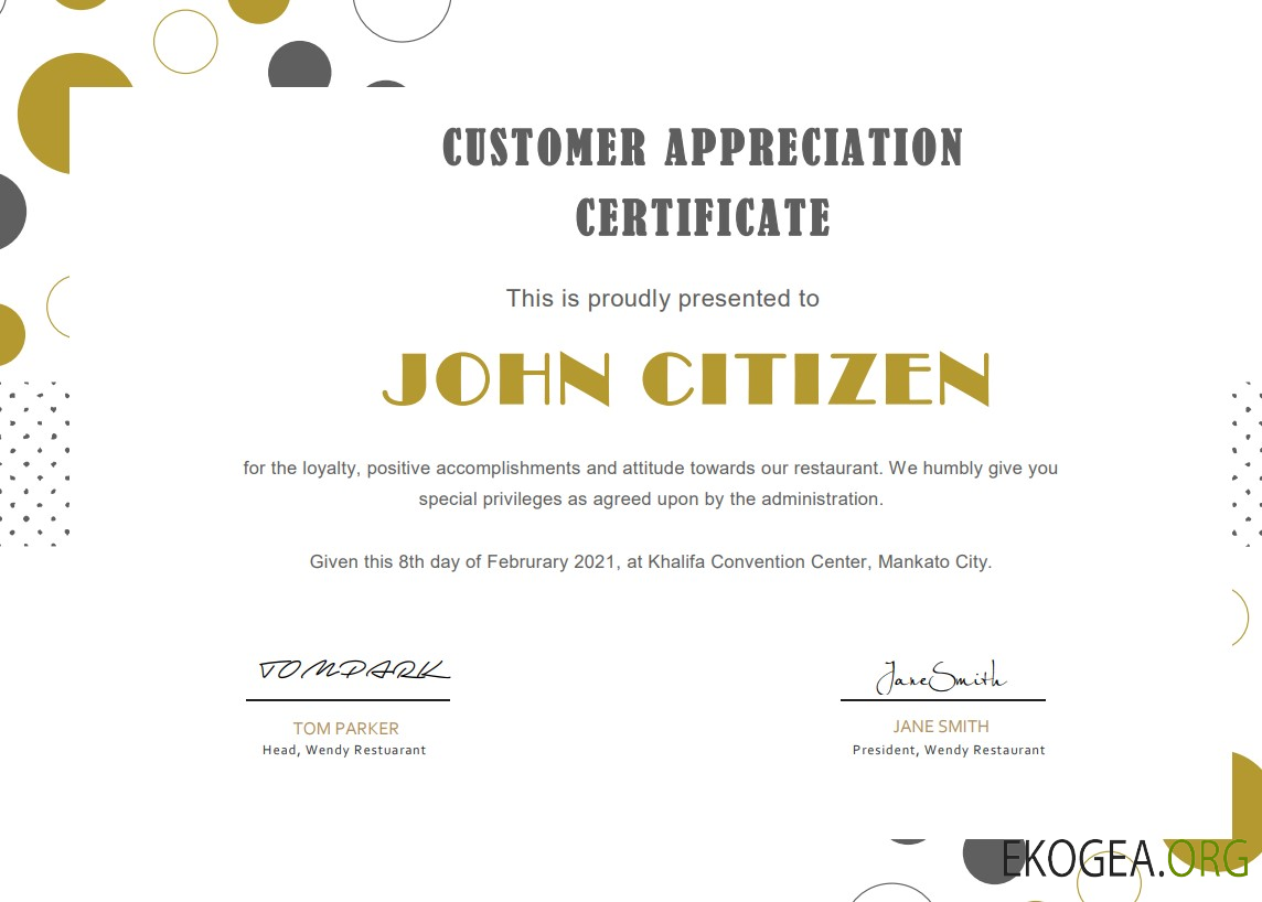 Modèle de certificat d'appréciation des clients des États Unis au format Word et PDF